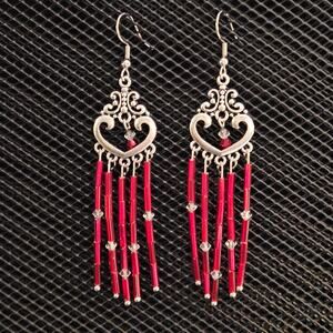 Silver heart with red bugle beads chandelier earrings